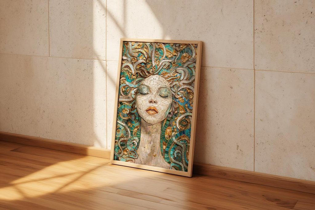 Medusa Mosaic Art Print, Teal Gold Serpent Goddess Wall, Dark Academia Greek Mythology Poster