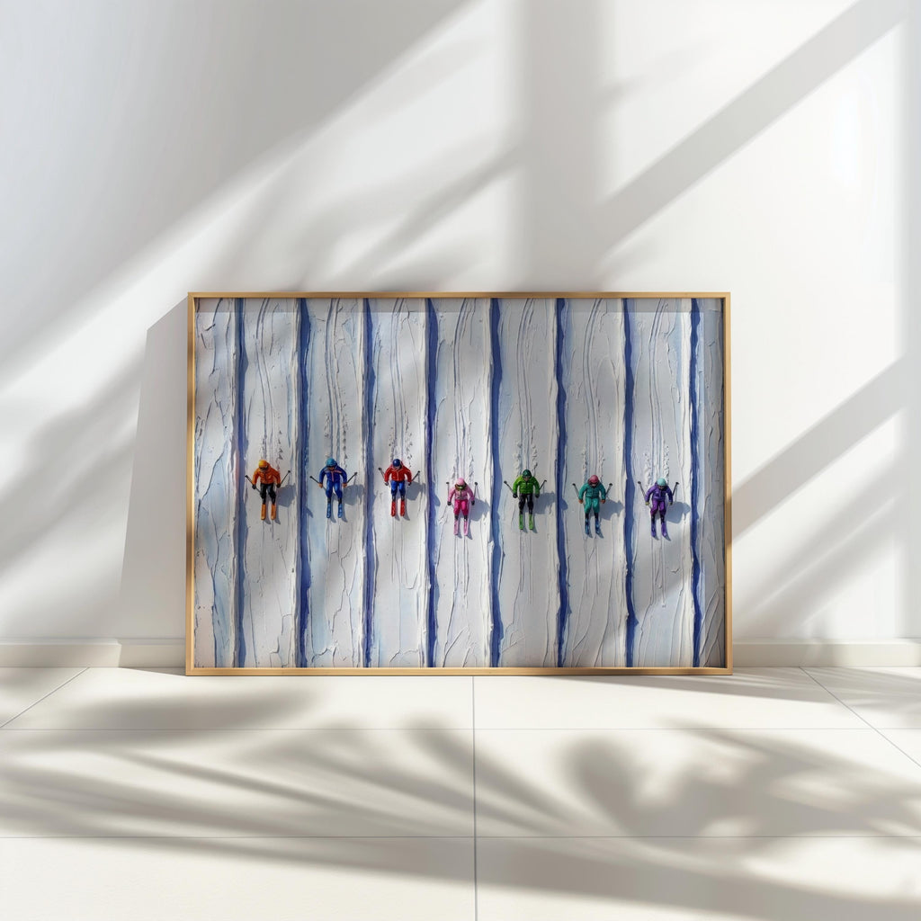 Centered vintage ski art print on the floor, window shadows emphasize sculpted snow ridges