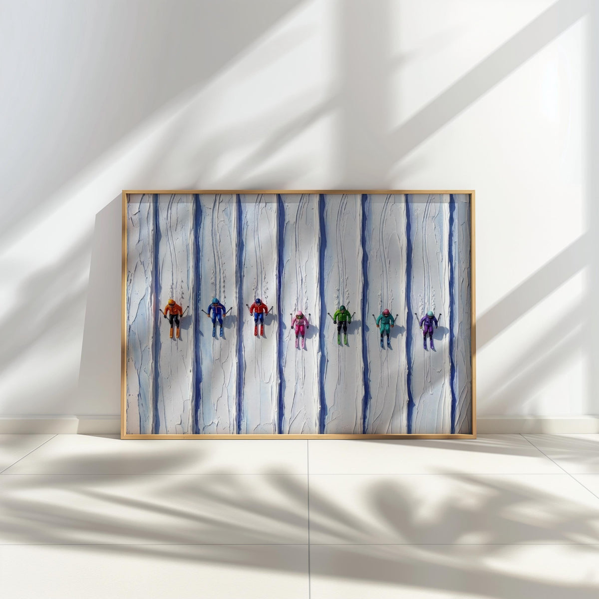 Centered vintage ski art print on the floor, window shadows emphasize sculpted snow ridges