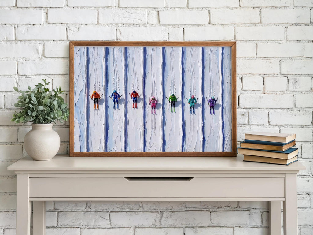 Vintage ski art print above a white brick mantel, potted plant and stacked books for lodge styling