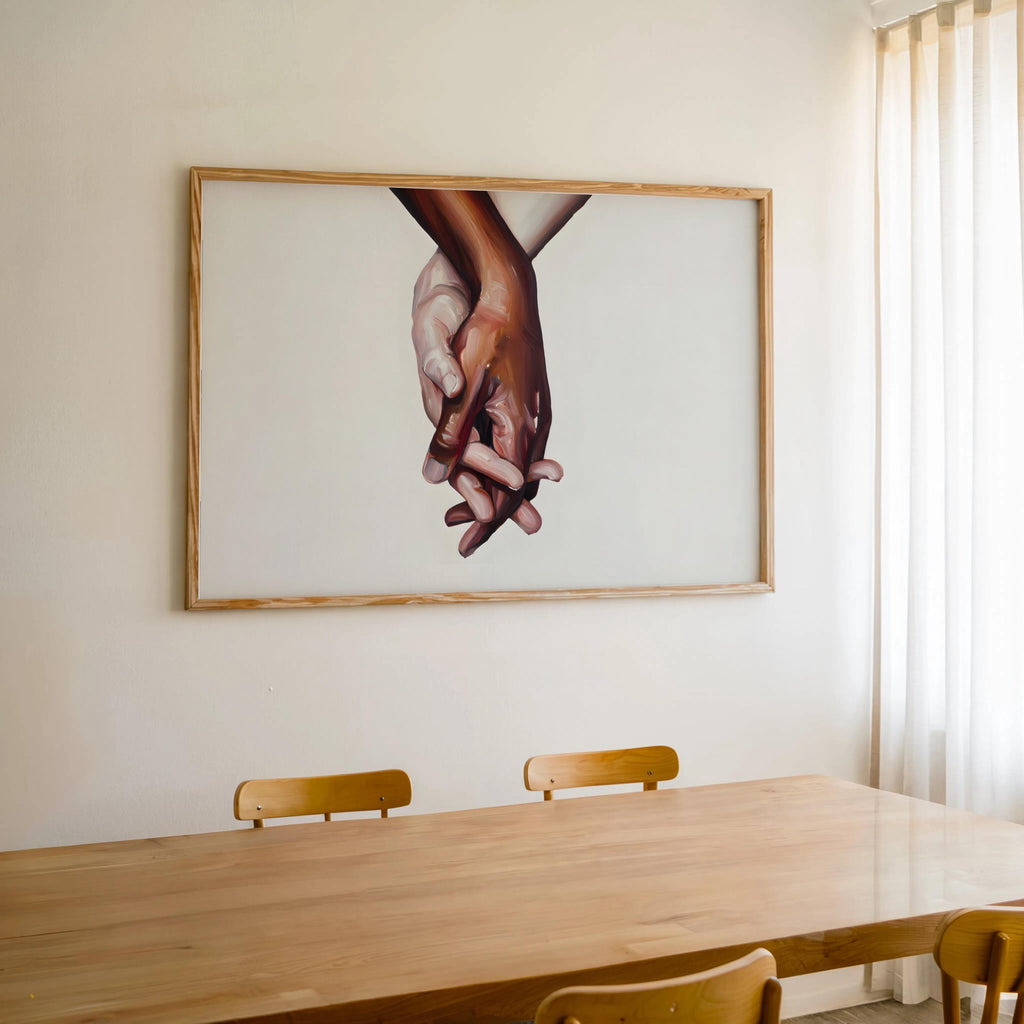 Interracial art love print - black and white biracial couple holding hands - Oil painting poster