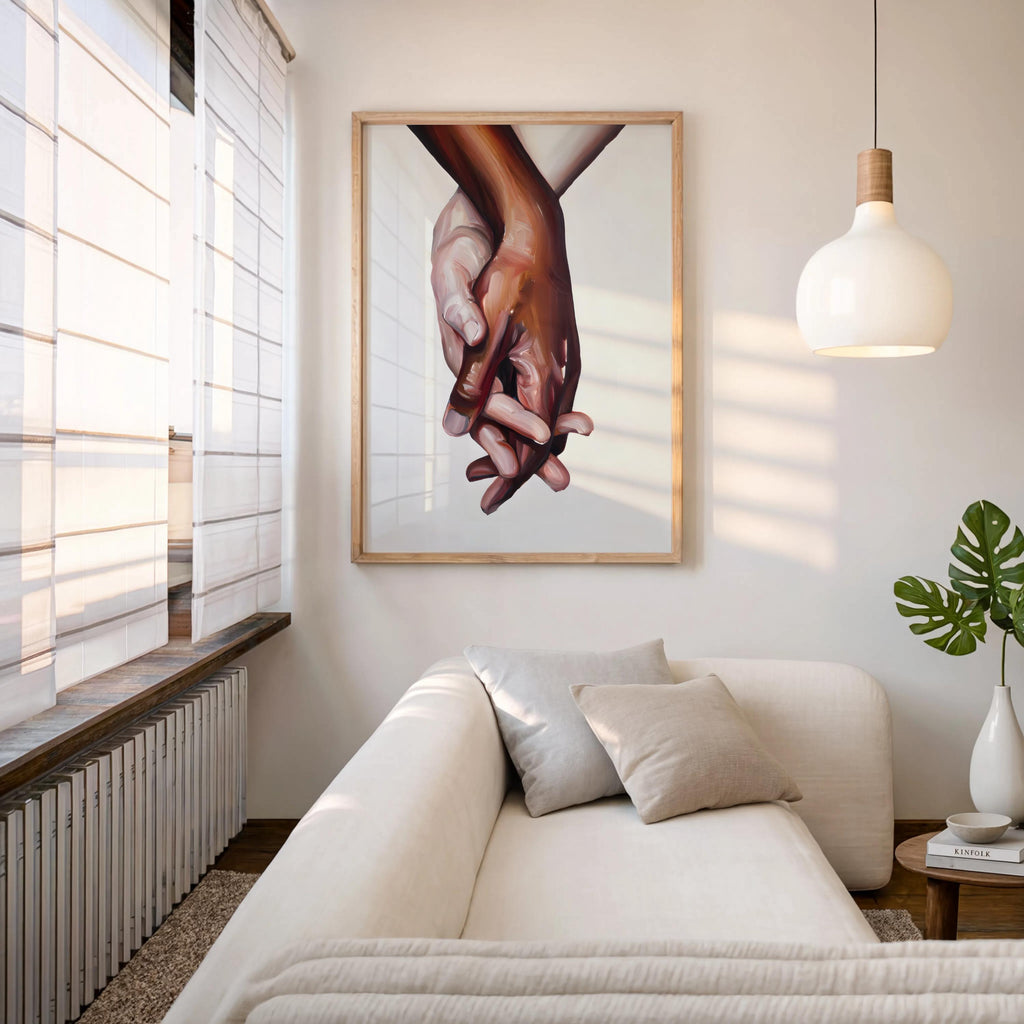Interracial art love print - black and white biracial couple holding hands - Oil painting poster
