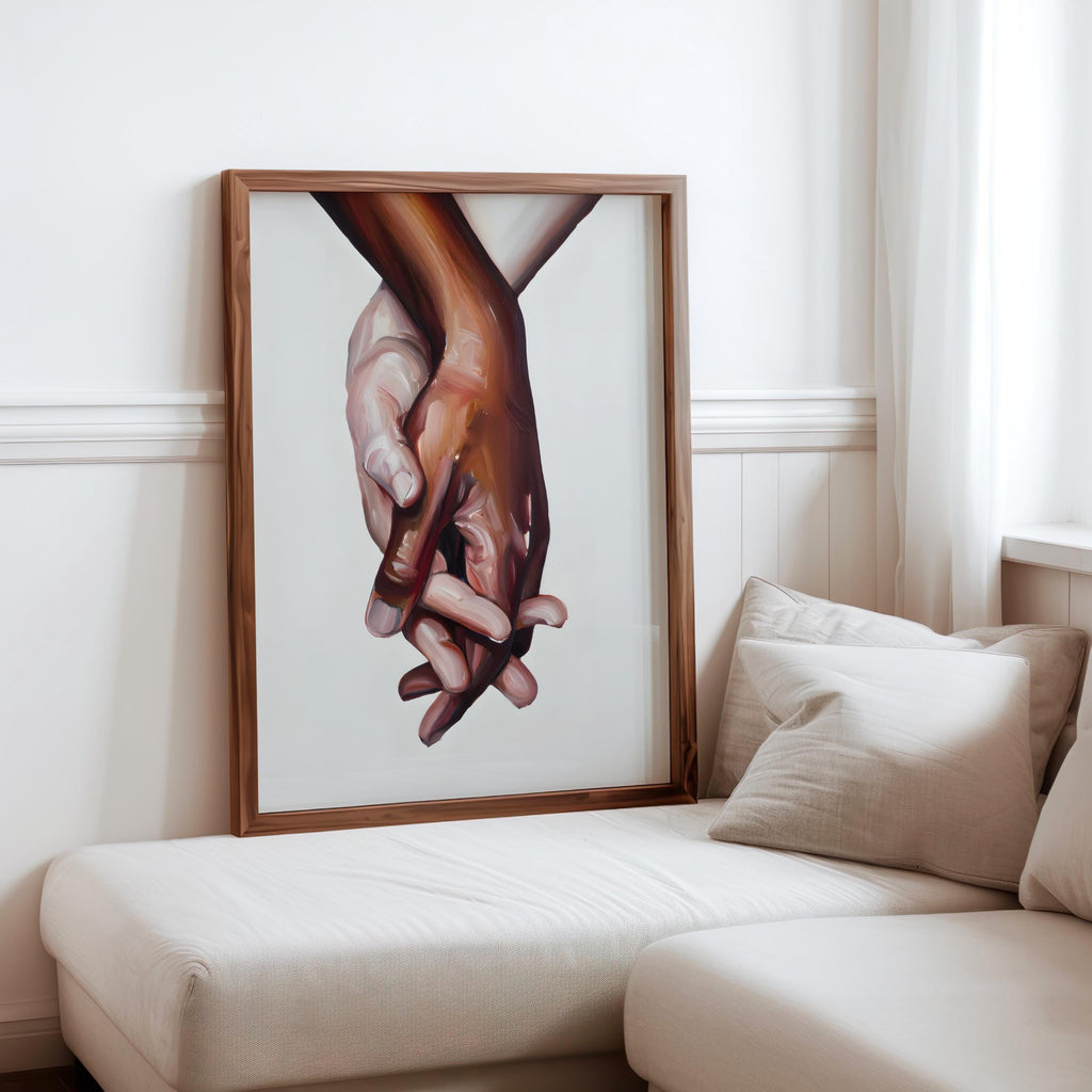 Interracial art love print - black and white biracial couple holding hands - Oil painting poster