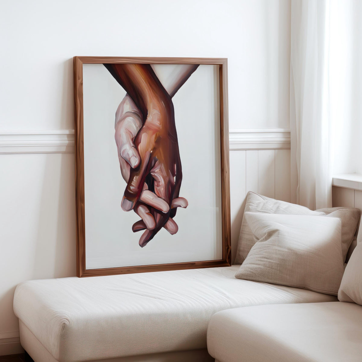 Interracial art love print - black and white biracial couple holding hands - Oil painting poster