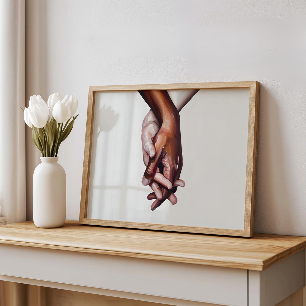 Interracial art love print - black and white biracial couple holding hands - Oil painting poster