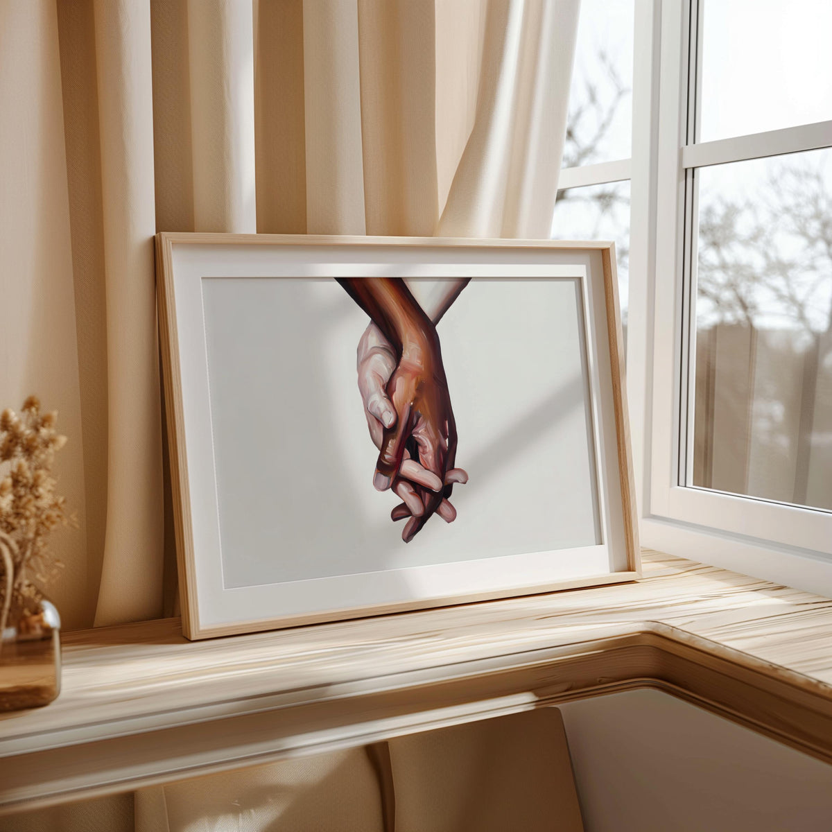 Interracial art love print - black and white biracial couple holding hands - Oil painting poster