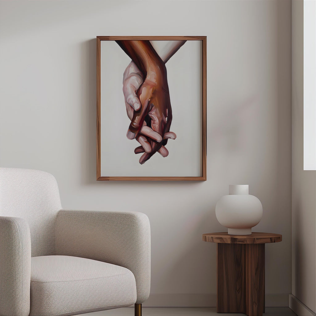 Interracial art love print - black and white biracial couple holding hands - Oil painting poster
