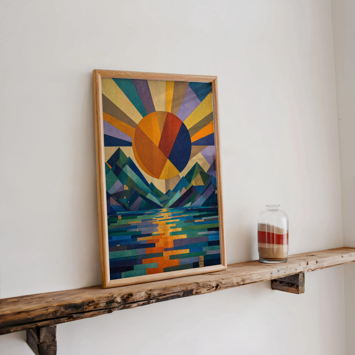 Geometric Sun Landscape Print: Abstract Mountain Wall Decor, Mid Century Poster