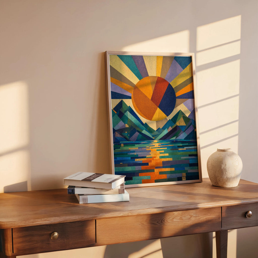 Geometric Sun Landscape Print: Abstract Mountain Wall Decor, Mid Century Poster