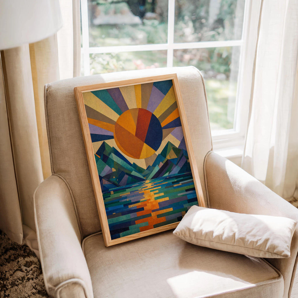 Geometric Sun Landscape Print: Abstract Mountain Wall Decor, Mid Century Poster