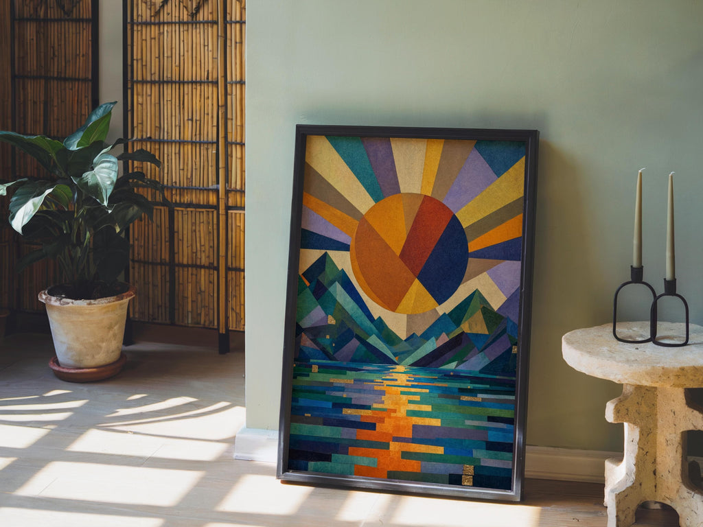 Geometric Sun Landscape Print: Abstract Mountain Wall Decor, Mid Century Poster