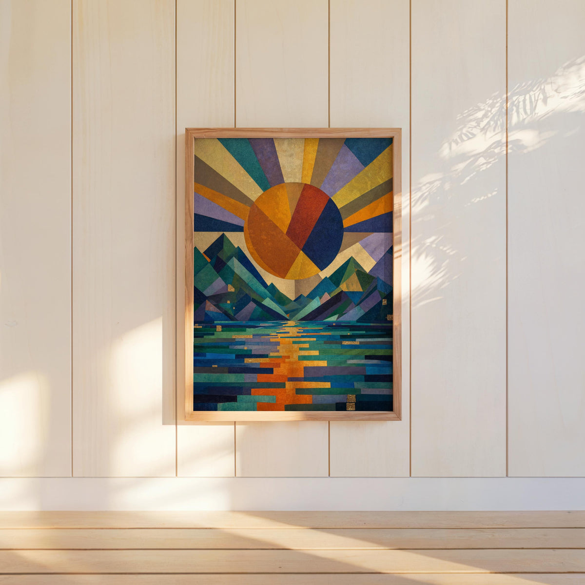 Geometric Sun Landscape Print: Abstract Mountain Wall Decor, Mid Century Poster