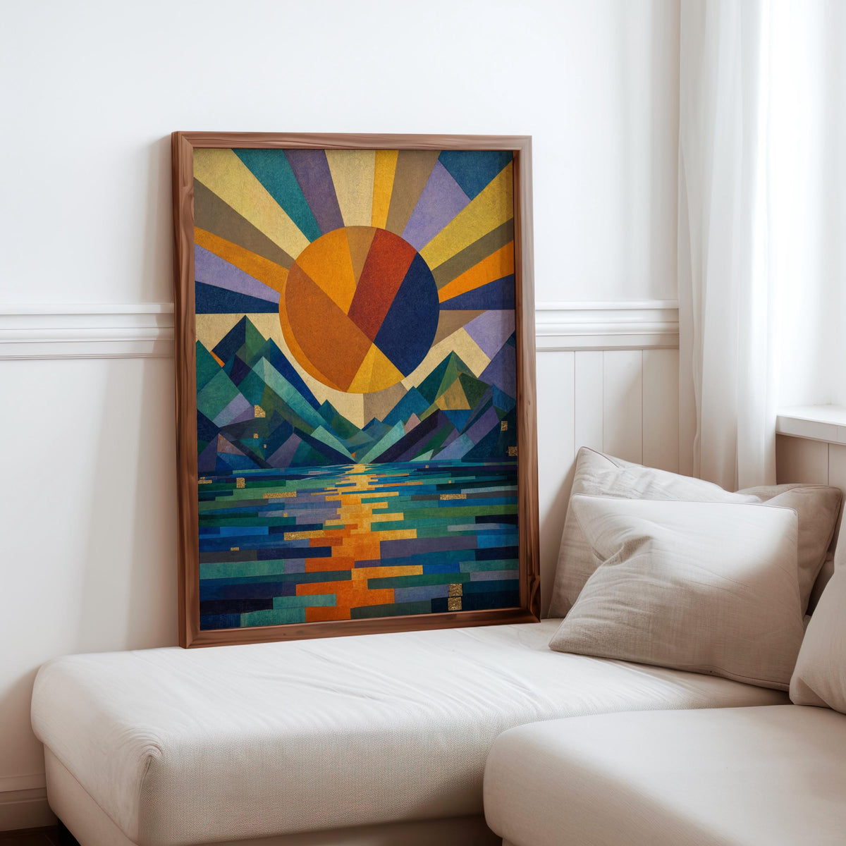 Geometric Sun Landscape Print: Abstract Mountain Wall Decor, Mid Century Poster