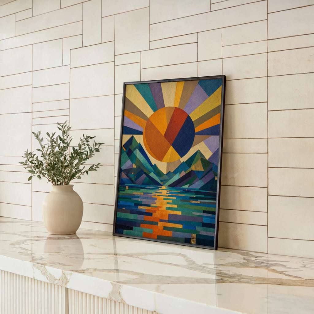 Geometric Sun Landscape Print: Abstract Mountain Wall Decor, Mid Century Poster