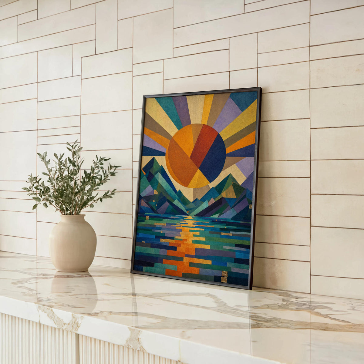 Geometric Sun Landscape Print: Abstract Mountain Wall Decor, Mid Century Poster