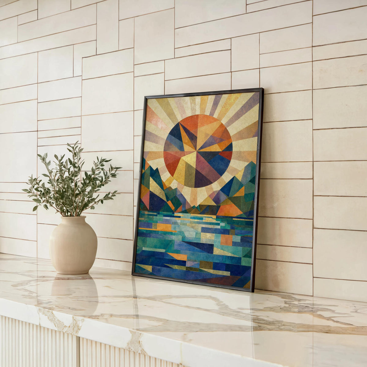 Vertical poster leaning on white shiplap and marble ledge, geometric landscape print framed in light wood, teal sunburst