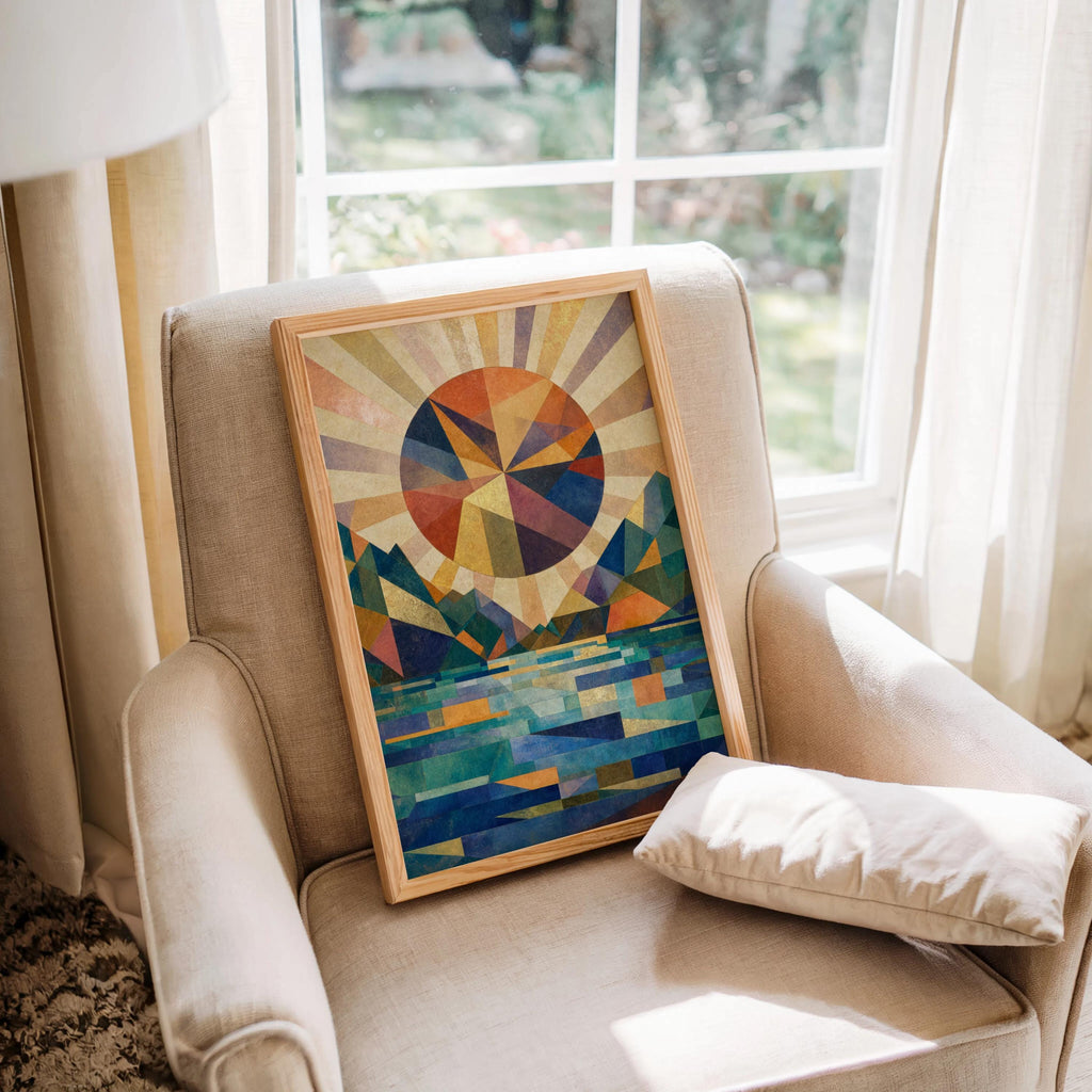 Cozy armchair with framed mountain lake sunset print propped on the seat, reflective lake blues and warm gold tones