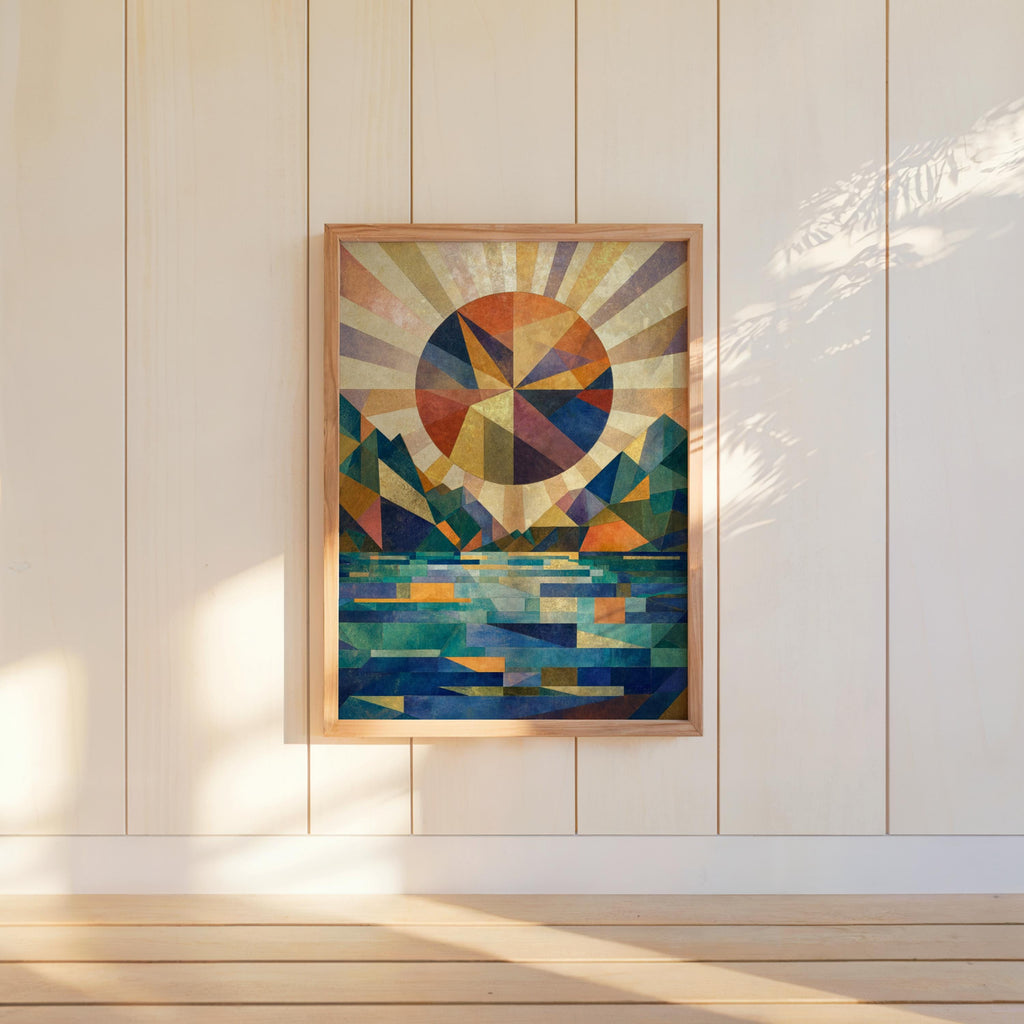 Framed poster hanging on cream paneled wall, mid century modern landscape, strong color block sun and layered mountains