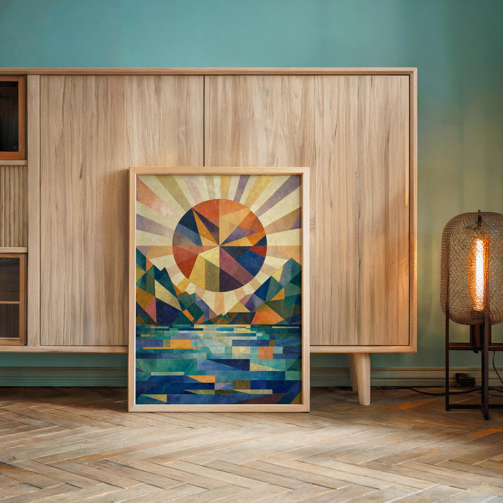 Poster against wood paneling and teal accent wall, bauhaus style wall art, crisp geometric lines and warm sunset palette