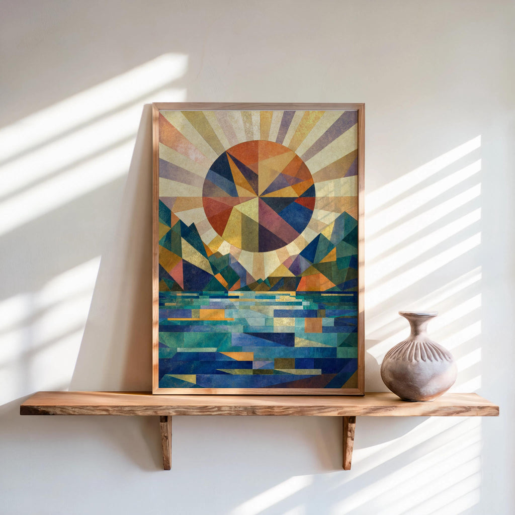 Light wood framed abstract mountain sunset wall art on a sunlit floating shelf, bold color blocks, mid century modern vibe