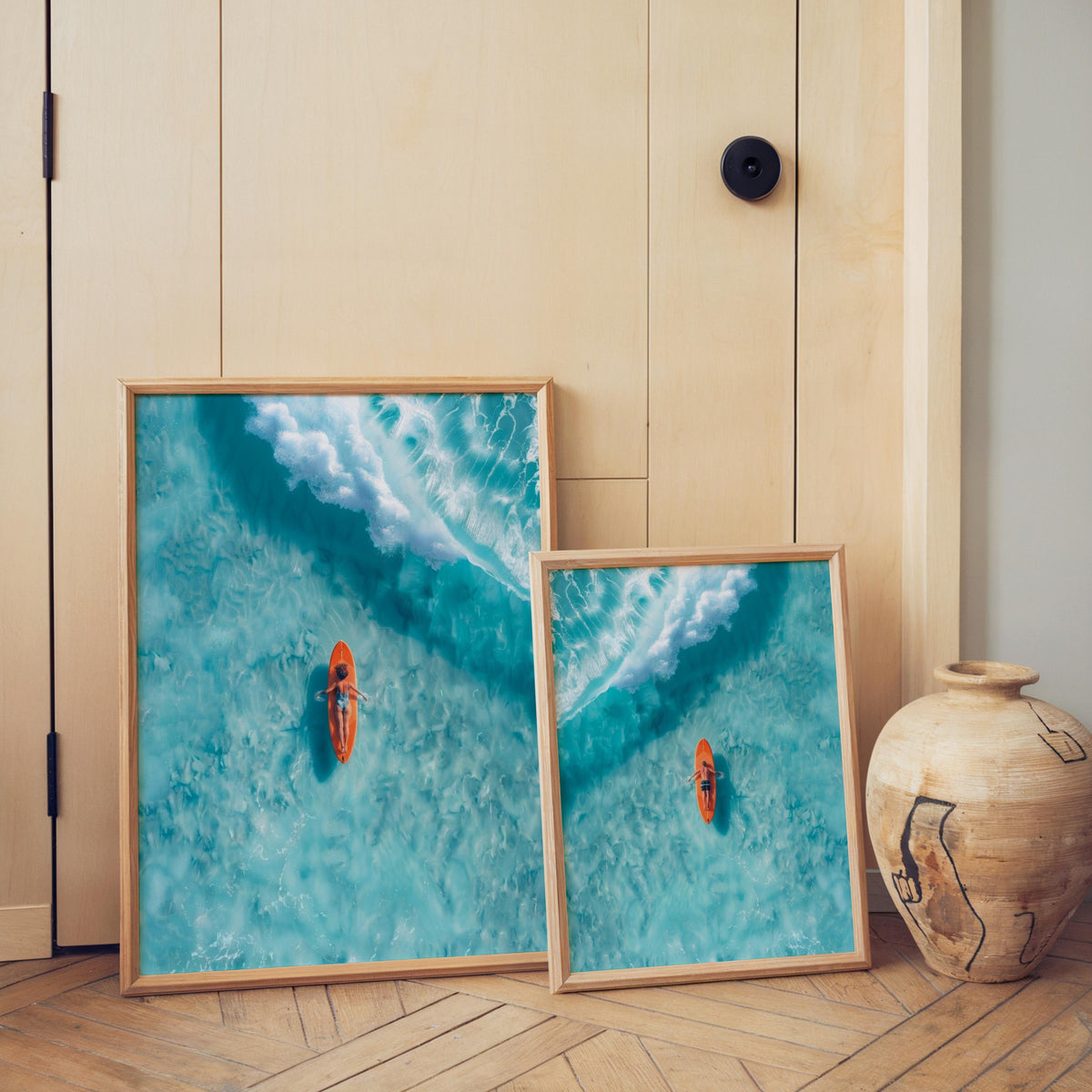 Surfer Art Set of 2: Aerial Beach Surfboard Couple Ocean Print, Coastal Living Wall Decor, Modern Minimalist Girl & Boy Summer Poster