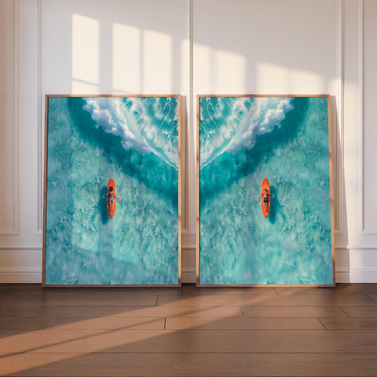 Surfer Art Set of 2: Aerial Beach Surfboard Couple Ocean Print, Coastal Living Wall Decor, Modern Minimalist Girl & Boy Summer Poster