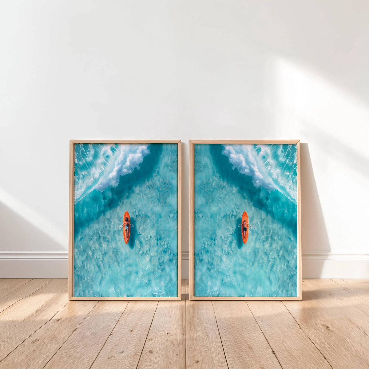 Surfer Art Set of 2: Aerial Beach Surfboard Couple Ocean Print, Coastal Living Wall Decor, Modern Minimalist Girl & Boy Summer Poster