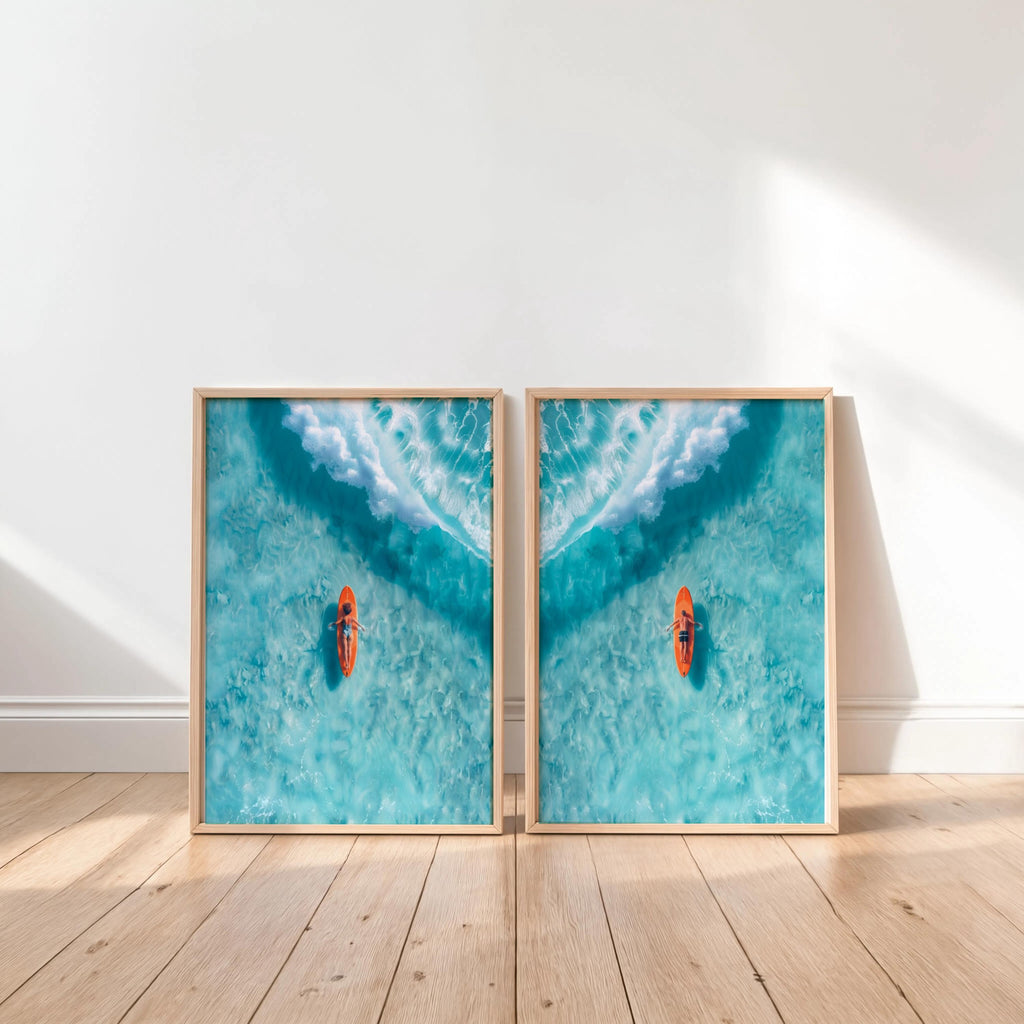 Surfer Art Set of 2: Aerial Beach Surfboard Couple Ocean Print, Coastal Living Wall Decor, Modern Minimalist Girl & Boy Summer Poster