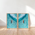 Surfer Art Set of 2: Aerial Beach Surfboard Couple Ocean Print, Coastal Living Wall Decor, Modern Minimalist Girl & Boy Summer Poster