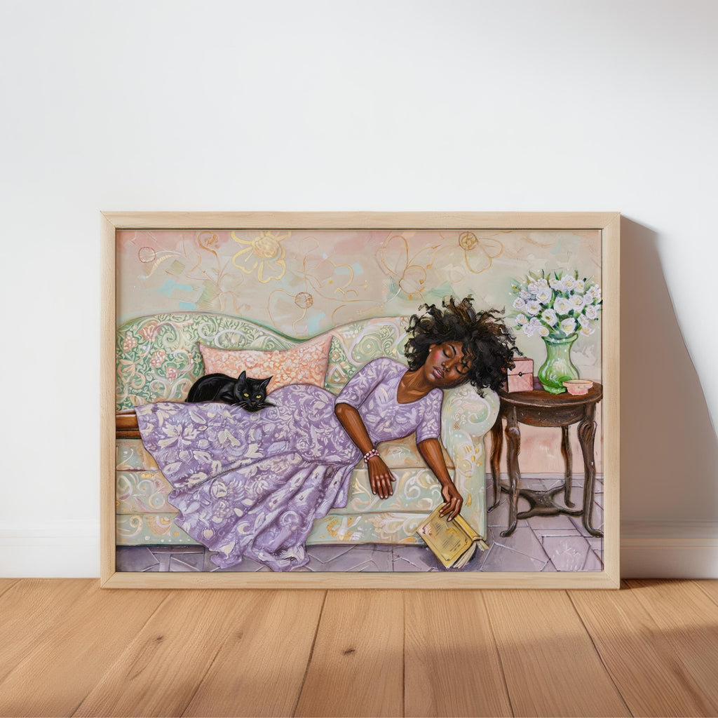 Reading Woman Sleeping & Cat Art Print: Cozy Boho Illustration, Whimsical Book Lover Decor, Reading Nook Library Poster, Bookish Wall Art