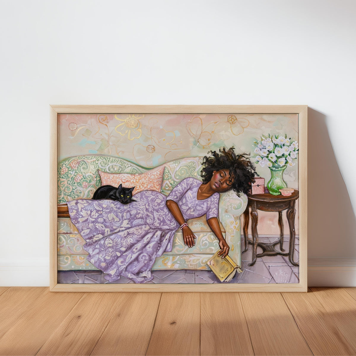 Reading Woman Sleeping & Cat Art Print: Cozy Boho Illustration, Whimsical Book Lover Decor, Reading Nook Library Poster, Bookish Wall Art