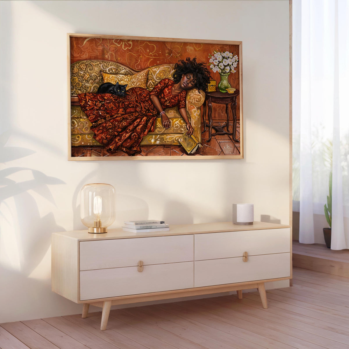 Reading Woman Sleeping & Cat Art Print: Cozy Boho Illustration, Whimsical Book Lover Decor, Reading Nook Library Poster, Bookish Wall Art