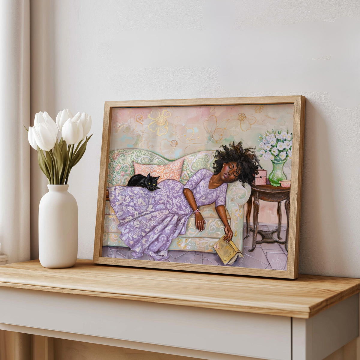 Reading Woman Sleeping & Cat Art Print: Cozy Boho Illustration, Whimsical Book Lover Decor, Reading Nook Library Poster, Bookish Wall Art