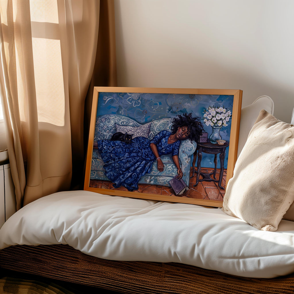 Reading Woman Sleeping & Cat Art Print: Cozy Boho Illustration, Whimsical Book Lover Decor, Reading Nook Library Poster, Bookish Wall Art