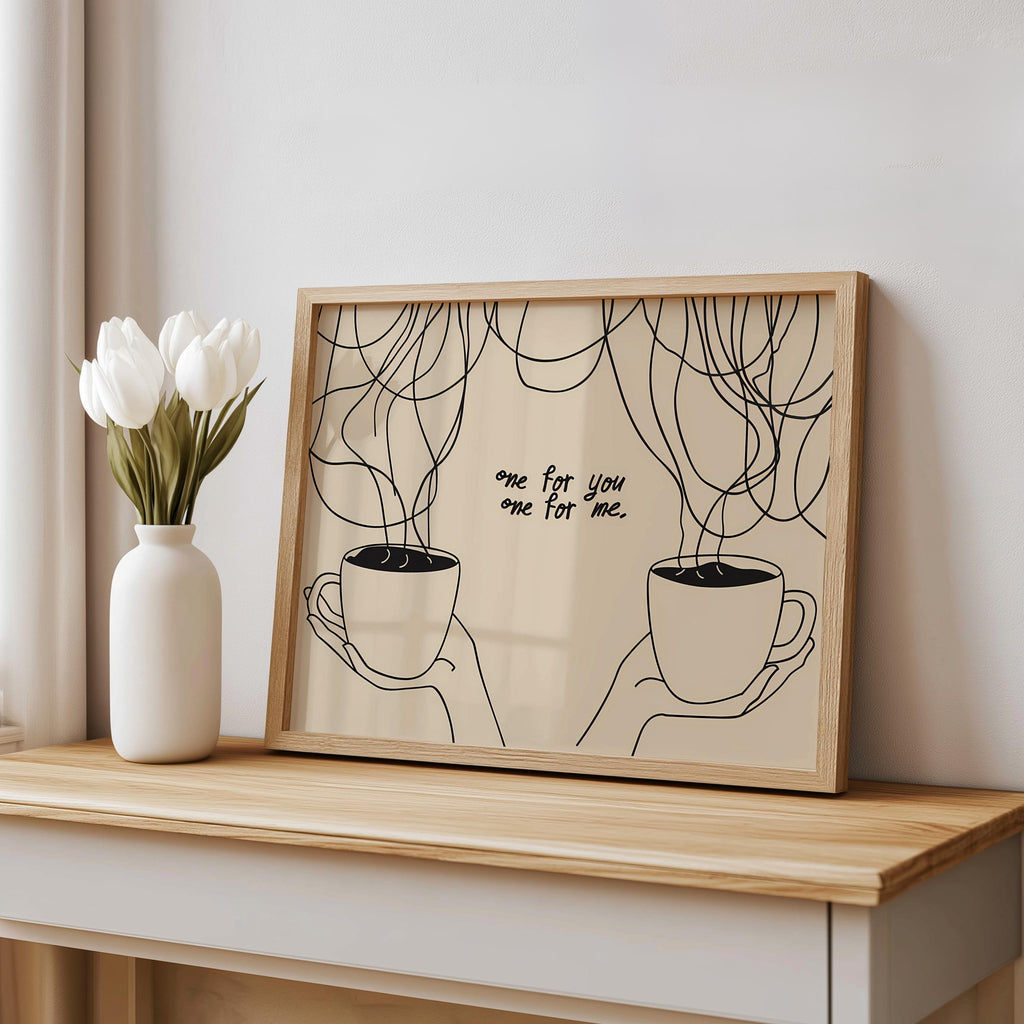 Coffee Quote Wall Art, Minimalist Line Art Print, Coffee Bar Kitchen Decor, One for You One for Me Poster