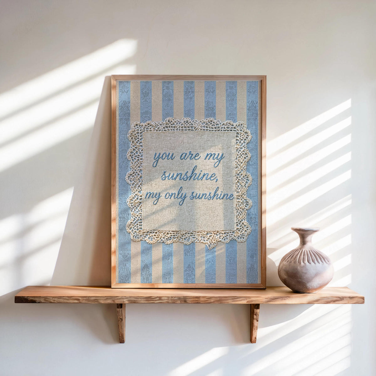Vintage You Are My Sunshine Quote Print, Shabby Chic Rustic Farmhouse Wall Art, Crochet Lace Nursery Decor, Romantic Pastel Pink Blue Green