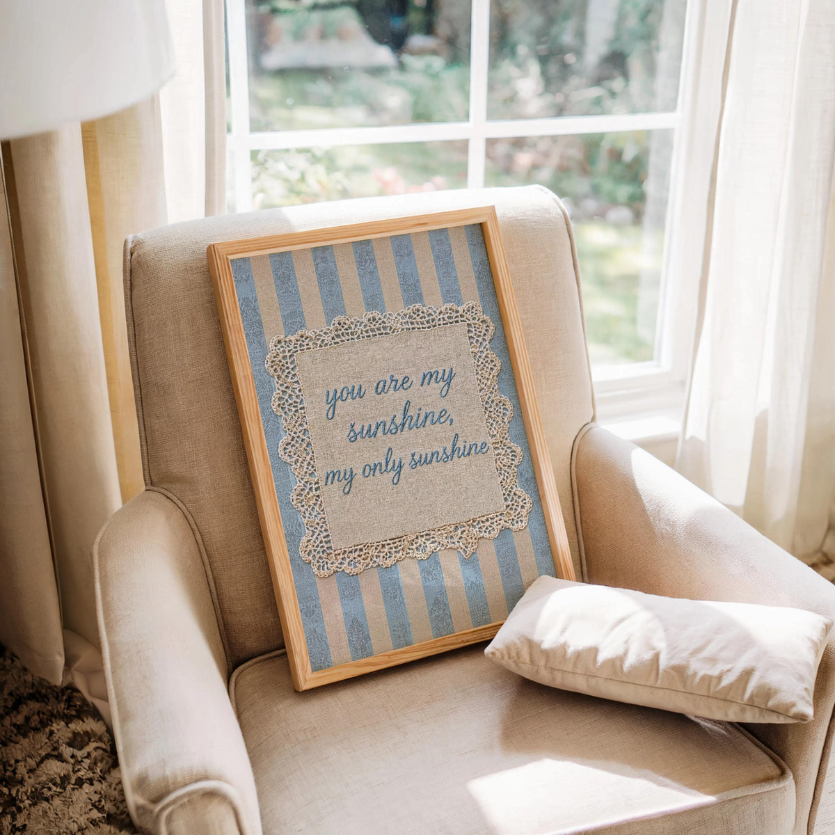 Vintage You Are My Sunshine Quote Print, Shabby Chic Rustic Farmhouse Wall Art, Crochet Lace Nursery Decor, Romantic Pastel Pink Blue Green
