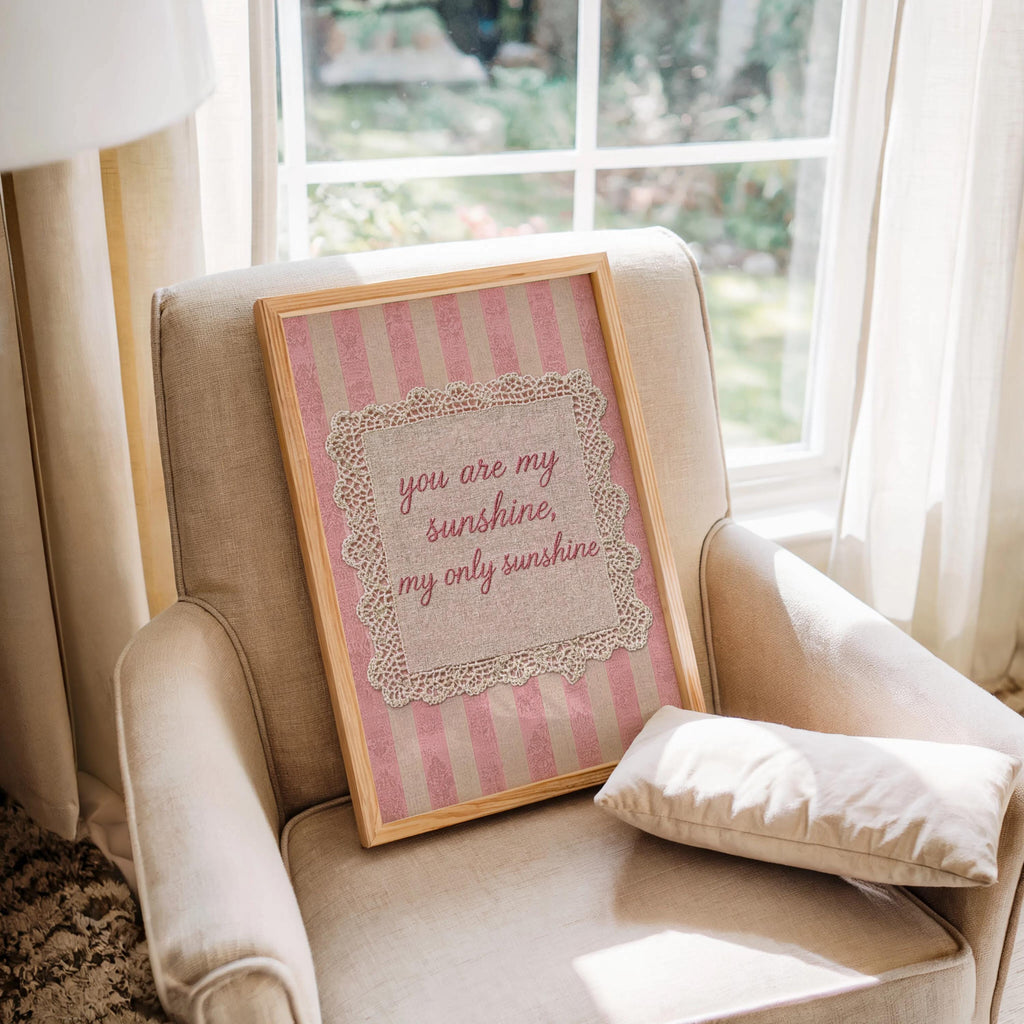 Vintage You Are My Sunshine Quote Print, Shabby Chic Rustic Farmhouse Wall Art, Crochet Lace Nursery Decor, Romantic Pastel Pink Blue Green
