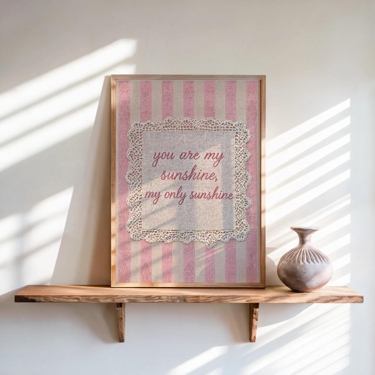 Vintage You Are My Sunshine Quote Print, Shabby Chic Rustic Farmhouse Wall Art, Crochet Lace Nursery Decor, Romantic Pastel Pink Blue Green