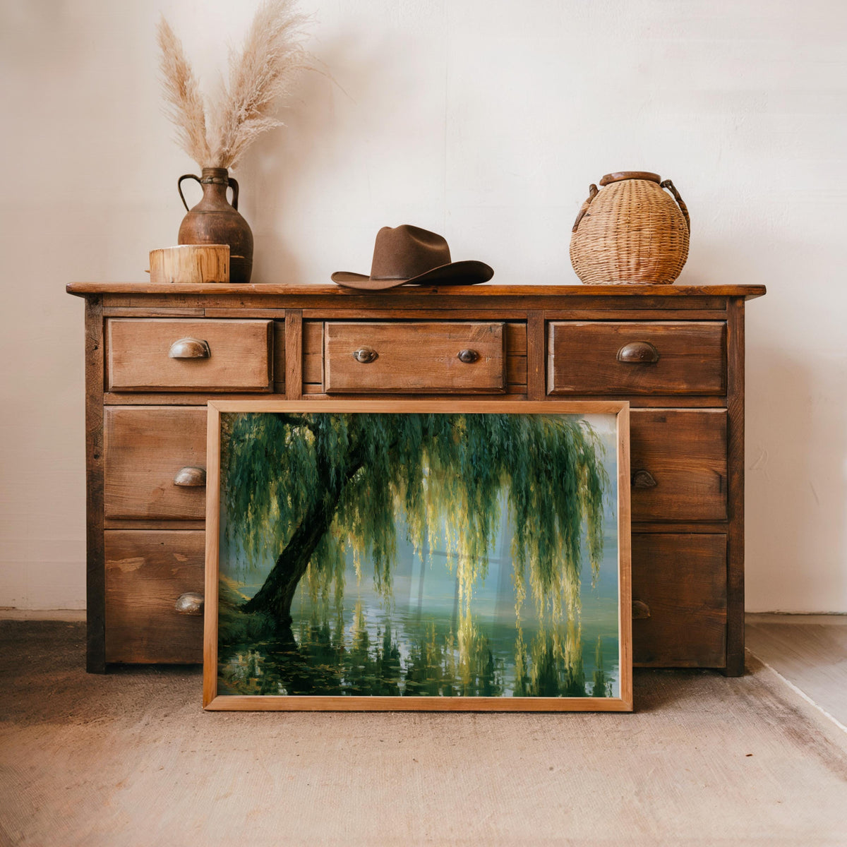 Weeping Willow Wall Art: Moody Impressionist Landscape Print, Dark Sage Green Nature Painting, Peaceful Forest Decor Botanical Earthy Canvas