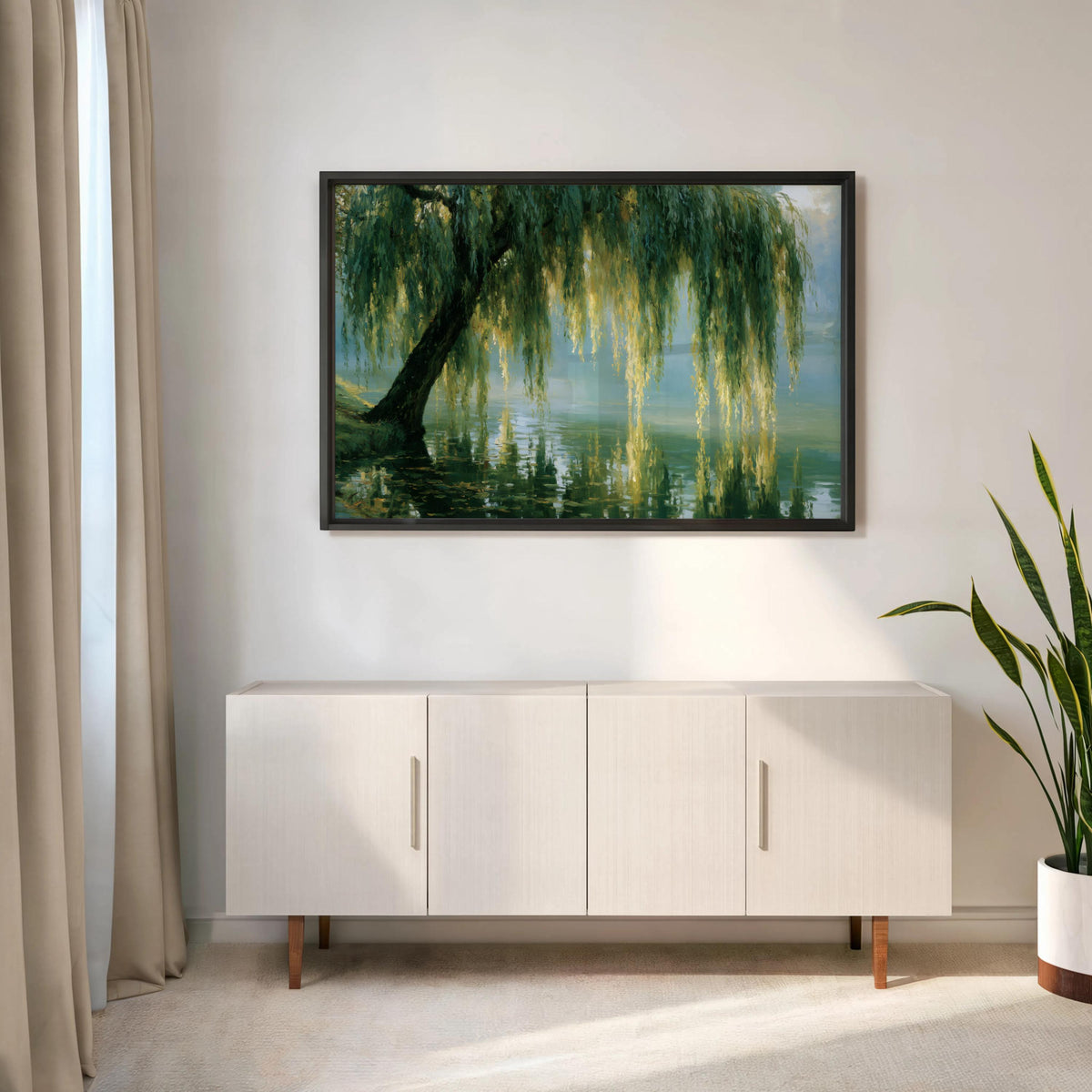 Weeping Willow Wall Art: Moody Impressionist Landscape Print, Dark Sage Green Nature Painting, Peaceful Forest Decor Botanical Earthy Canvas