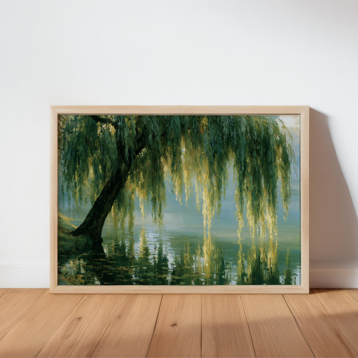 Weeping Willow Wall Art: Moody Impressionist Landscape Print, Dark Sage Green Nature Painting, Peaceful Forest Decor Botanical Earthy Canvas
