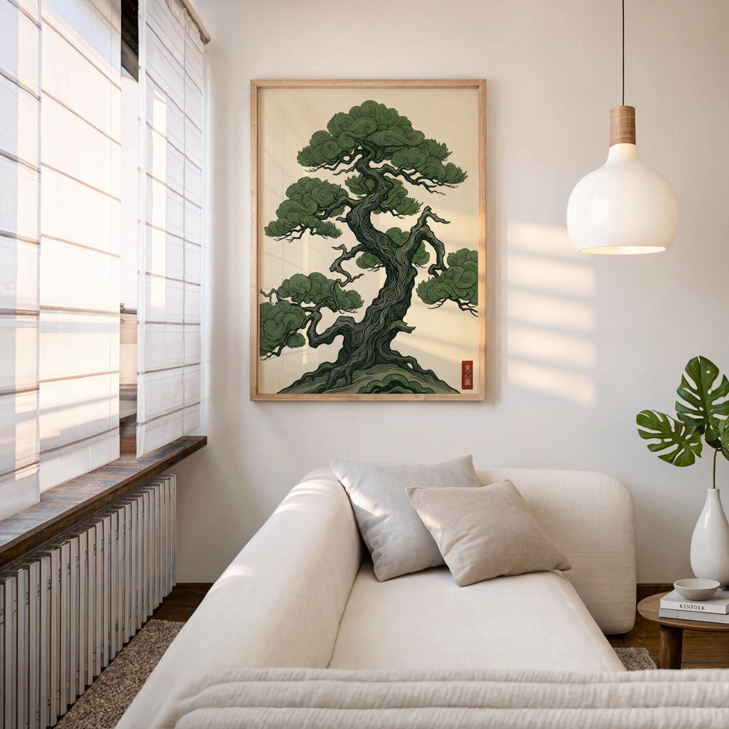 Vintage Japanese Pine Tree Art, Woodblock Style Japandi Poster, Botanical Print