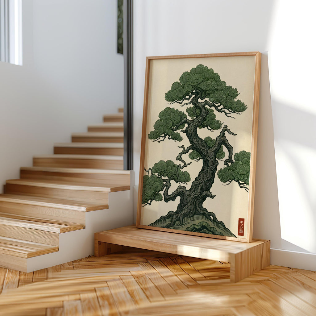 Vintage Japanese Pine Tree Art, Woodblock Style Japandi Poster, Botanical Print