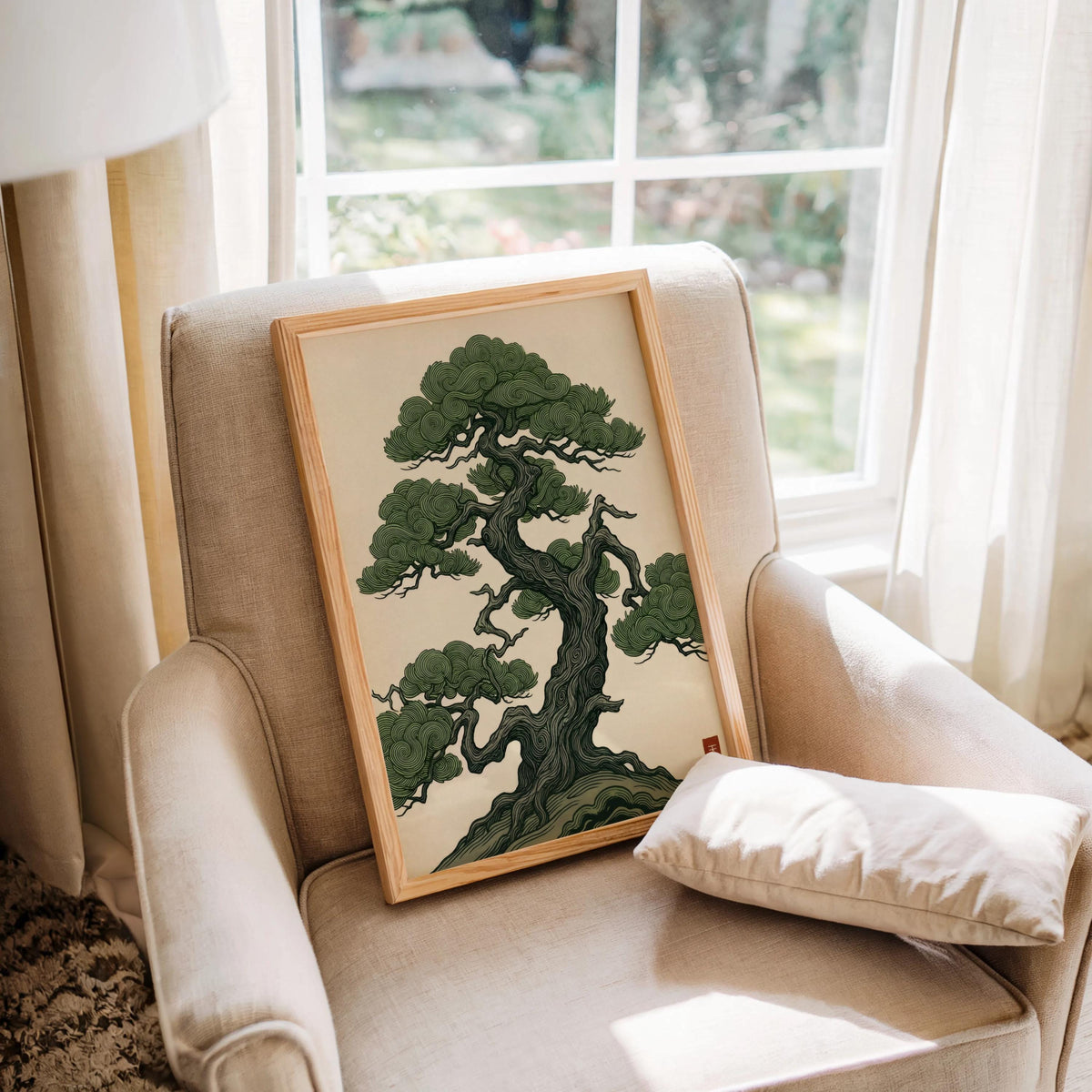 Vintage Japanese Pine Tree Art, Woodblock Style Japandi Poster, Botanical Print