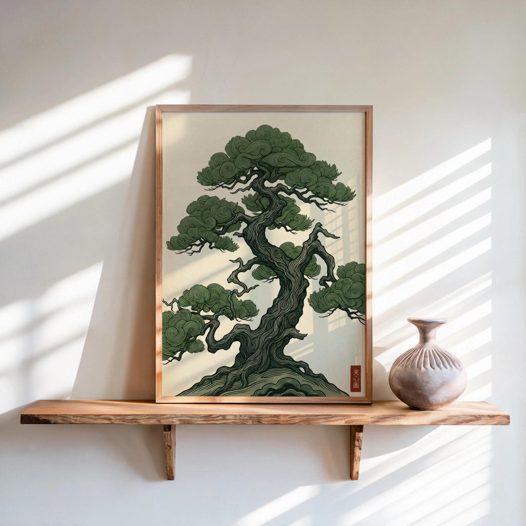 Vintage Japanese Pine Tree Art, Woodblock Style Japandi Poster, Botanical Print
