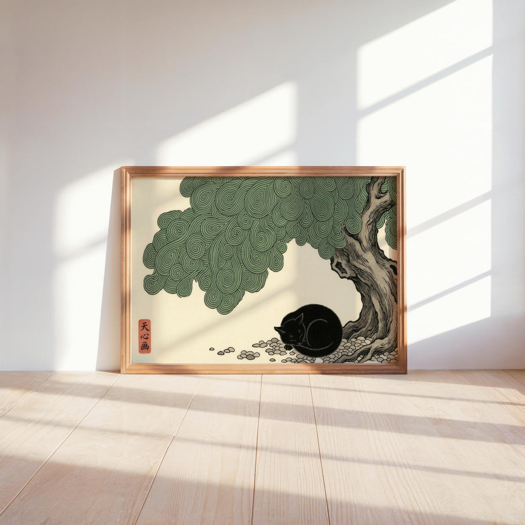 Sleeping Black Cat Japanese Woodblock Style Poster, Swirl Botanical Print, Japandi Zen Wall Decor