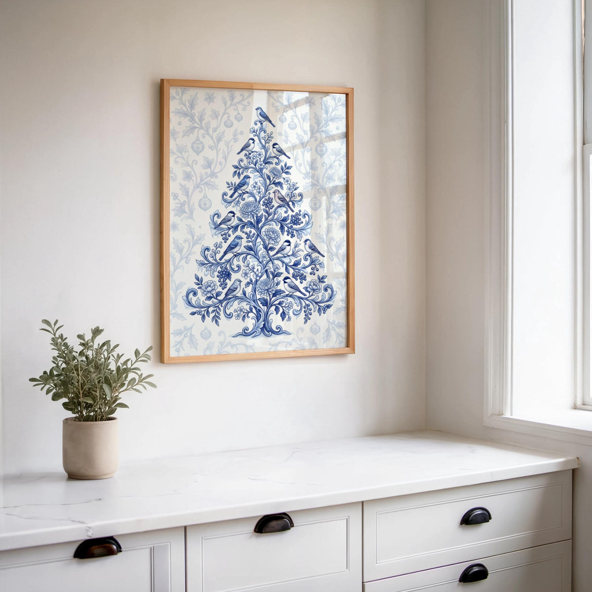 Chinoiserie Christmas Tree Print, Blue and White Holiday Decor, Grandmillennial Winter Poster, Floral & Birds Chinese Wallpaper