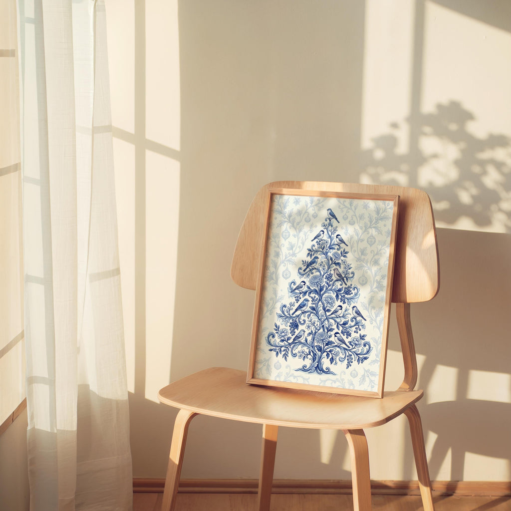 Chinoiserie Christmas Tree Print, Blue and White Holiday Decor, Grandmillennial Winter Poster, Floral & Birds Chinese Wallpaper