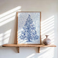 Chinoiserie Christmas Tree Print, Blue and White Holiday Decor, Grandmillennial Winter Poster, Floral & Birds Chinese Wallpaper